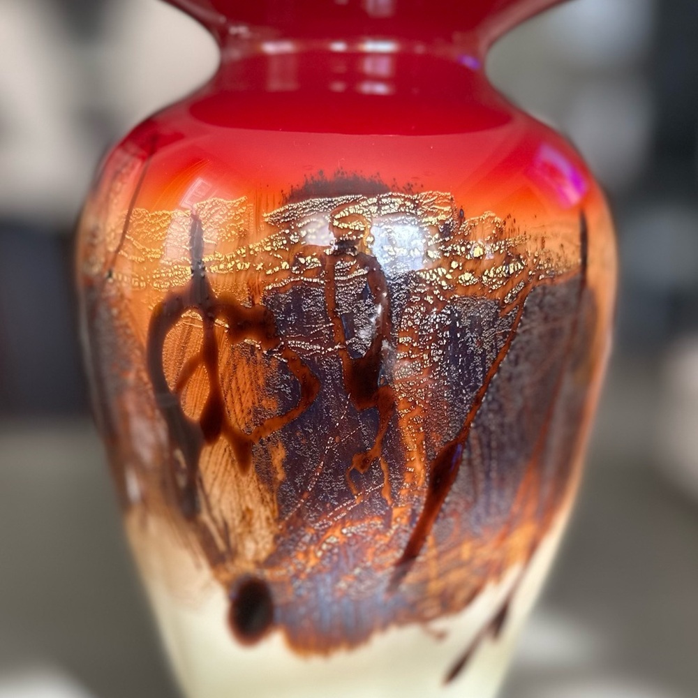 Signed Nourot Studio Art Glass Vase, Hand Blown Sommerso, Red Gold Cream